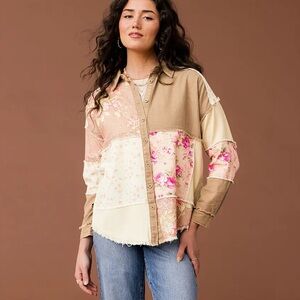 Gimmicks Patchwork Mixed Floral Print Linen Blend Button Down